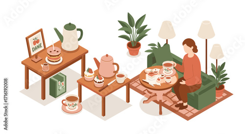 Cozy isometric afternoon tea scene with cakes, plants, and decor