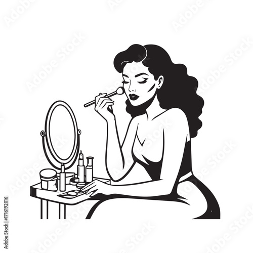 Black and white line art of a beautiful woman doing makeup at dressing table with mirror illustration