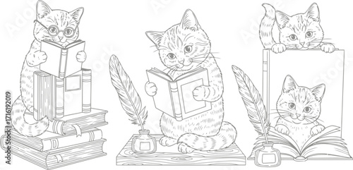 Vector illustration of three adorable kittens engrossed in reading books, surrounded by stacks of literature and quill pens, coloring book for kids and adults