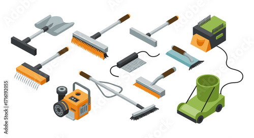 Isometric garden tools collection with diverse equipment designs for landscaping