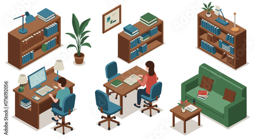Cozy home office and study space in isometric style