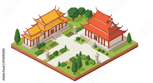 Isometric traditional asian temple complex with gardens and trees