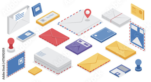 Colorful isometric mail icons and envelopes with stamps and labels for communication design
