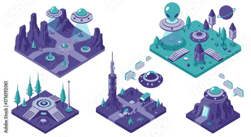 Futuristic alien landscapes with ufos and space elements in isometric style