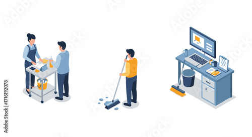 Office cleaning and sanitizing workflow in isometric style