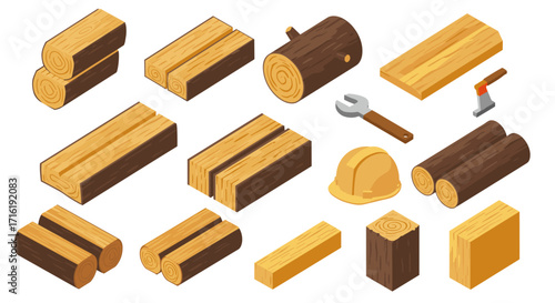 Isometric woodworking tools and timber elements set