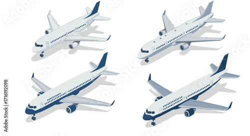 Various 3d isometric airplane models in different perspectives