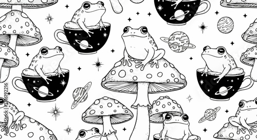 Enchanting monochrome pattern of whimsical frogs, celestial teacups, and magical mushrooms for creative projects
