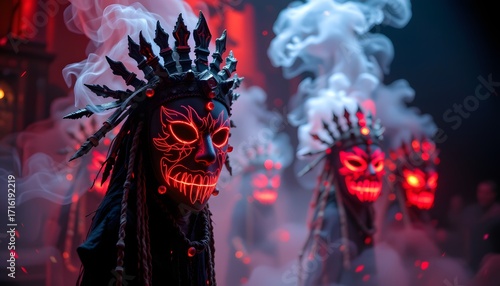 Enigmatic Ceremony with Glowing Masks: A mysterious scene unfolds, featuring individuals adorned in intricate masks and adorned with ornamental headdresses.