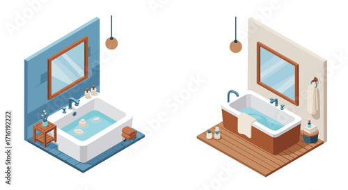 Modern isometric bathroom designs with bathtub and minimalist decor elements