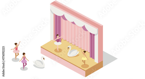 Isometric ballet performance with swans on stage