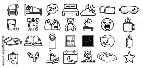 Sleep and Insomnia Related Line Icon Set Black Shape Vector Laser Cutting Engraving Monochrome Print
