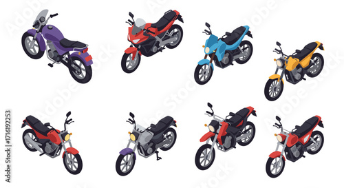 Isometric collection of colorful motorbikes in various models and angles