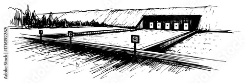 Outdoor Shooting Range with Targets in a Sketch Style Black Shape Vector Laser Cutting Engraving Monochrome Print