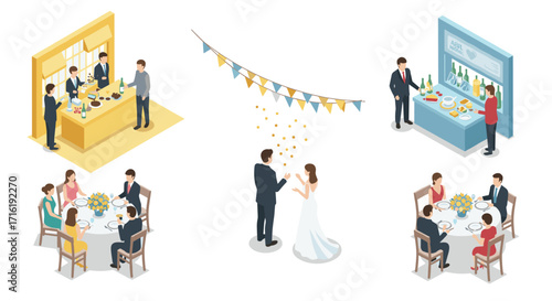 Isometric wedding reception with dining tables and guests in celebration