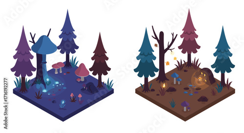 Magical forest day and night scenes with mushrooms and trees in isometric style