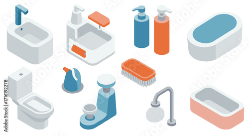 Isometric bathroom essentials set: modern sink, toilet, and soap dispenser designs