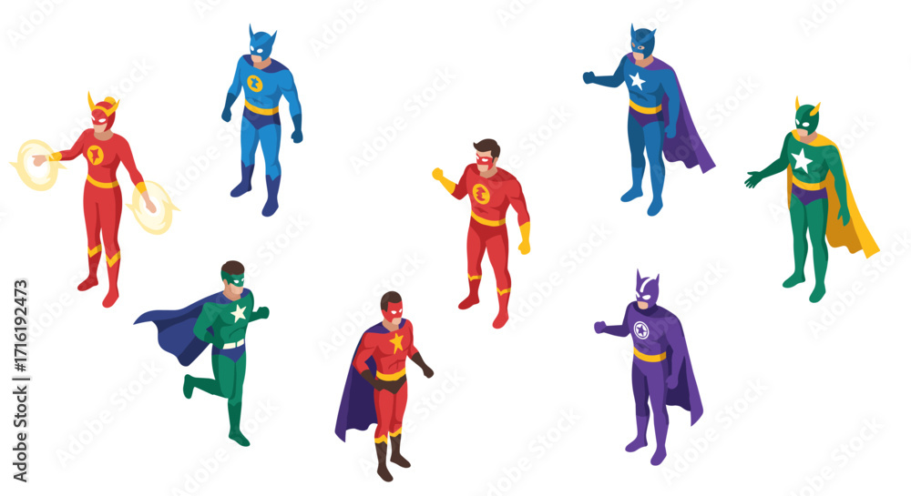 Diverse superheroes in action: isometric characters in vibrant costumes