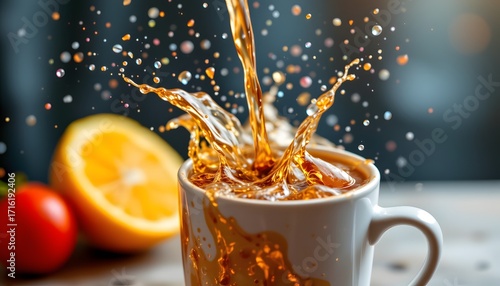 Pouring Tea: Captures a moment of refreshment with a close-up shot showcasing tea being poured into a white ceramic mug, the golden liquid creating a beautiful splash amidst an array of bubbles.