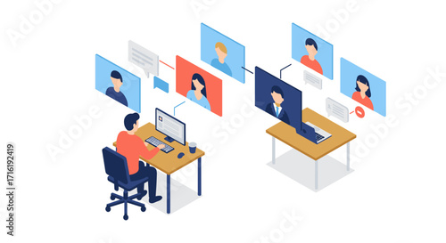 Remote team collaboration in isometric office setup