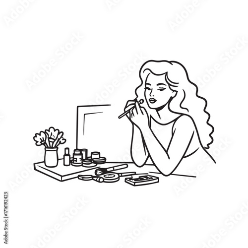 Black and white line art of a beautiful woman doing makeup at dressing table with mirror illustration