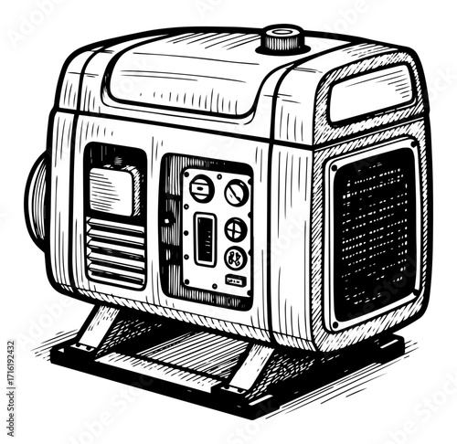 Portable Electric Power Generator in a Sketch Style Black Shape Vector Laser Cutting Engraving Monochrome Print