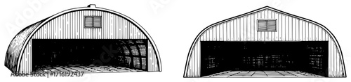 Set of Vintage Quonset Hut Hangars in Engraved Style Black Shape Vector Laser Cutting Engraving Monochrome Print