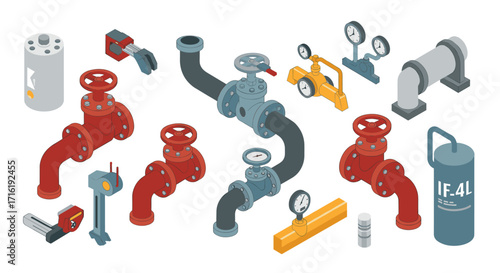 Industrial pipeline components and equipment in isometric style