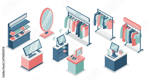Isometric retail technology and clothing store setup with digital displays and smart mirrors