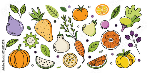 Vibrant hand-drawn assortment of fresh fruits and vegetables for healthy eating and cooking