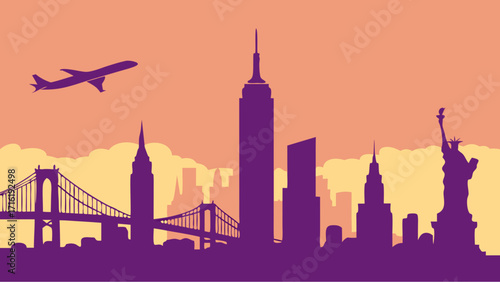 New york skyline with a soaring airplane, showcasing the citys architectural beauty. Perfect for travel blogs, tourism websites, and social media.