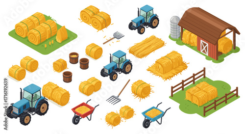Isometric farm equipment and hay bales for agricultural themes