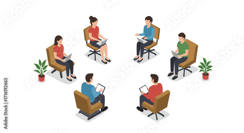 Isometric group meeting with six people in office chairs and plants