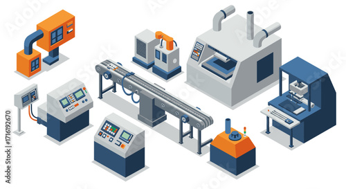 Industrial isometric machinery set with conveyor system and control panels