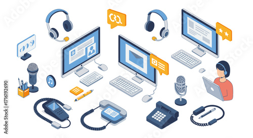 Isometric communication and office technology tools in digital workspace setting