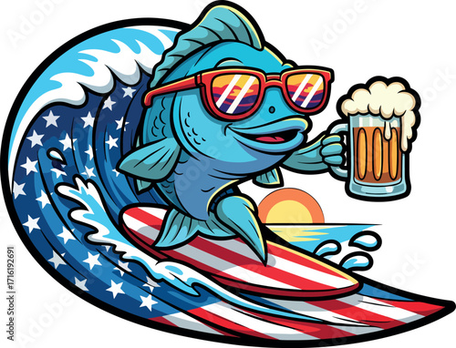 Surfing Fish with Beer on American Flag Wave.