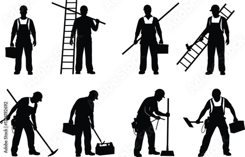 Silhouette vector of construction workers with tools, ladders, and gear in various poses, ideal for labor, industry, and maintenance themes.