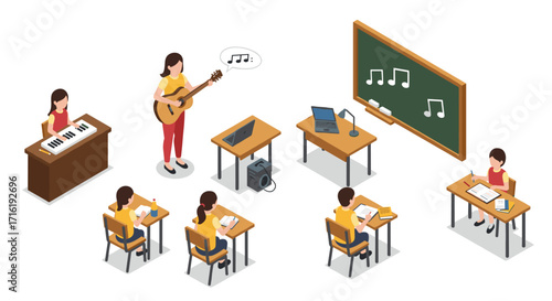Isometric classroom with music lessons and students engaged in learning activities