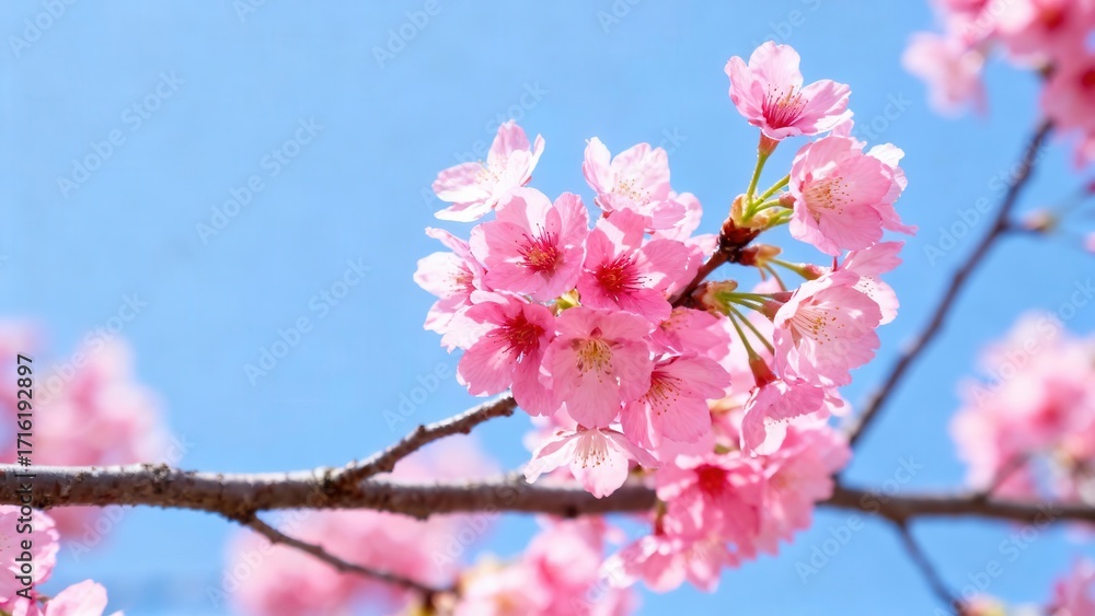 Obraz premium Delicate pink cherry blossoms bloom against a vibrant clear blue sky.