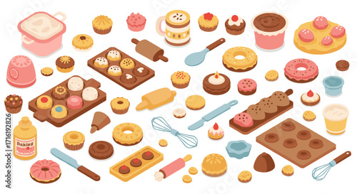 Assorted baking tools and sweets in isometric style