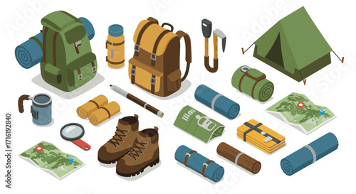 Essential camping gear in isometric style featuring backpacks and hiking boots