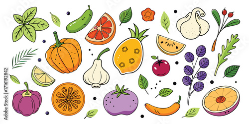 Colorful assortment of fresh fruits and vegetables in artistic hand-drawn style