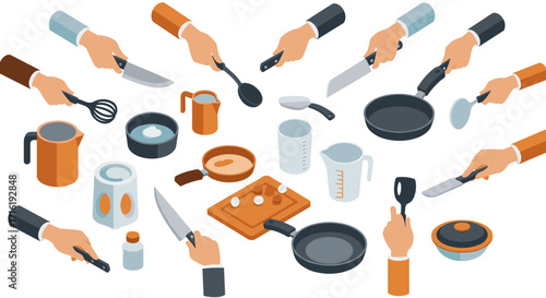 Kitchen essentials with hands holding cooking tools in isometric design