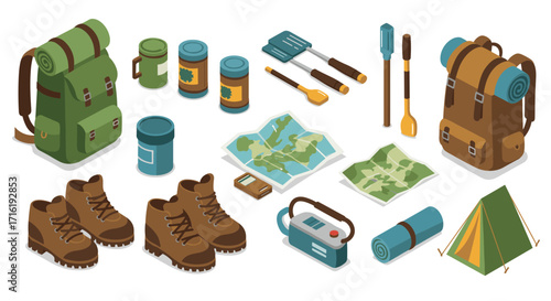 Isometric hiking gear set with backpack, map, boots, tent, and camping tools