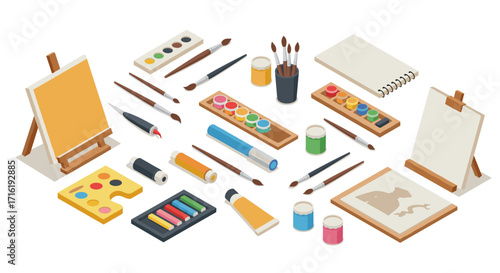 Isometric art supplies collection with easel, paints, brushes, and canvases