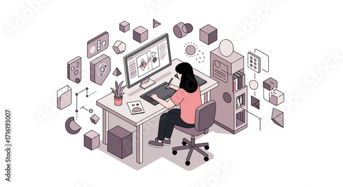 Modern isometric workspace with designer at computer and geometric elements