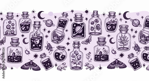 Enchanting celestial potion bottles filled with planets, stars, plants, and mystical creatures