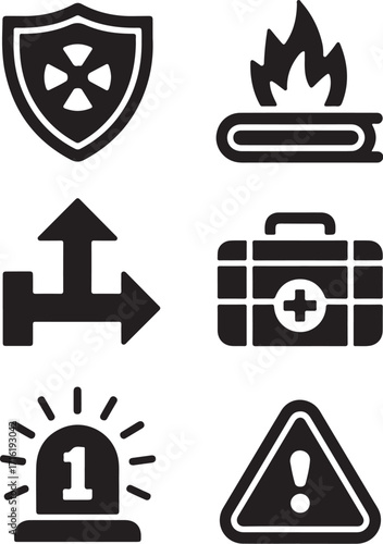 Safety icons alert, shield, first aid, fire, direction