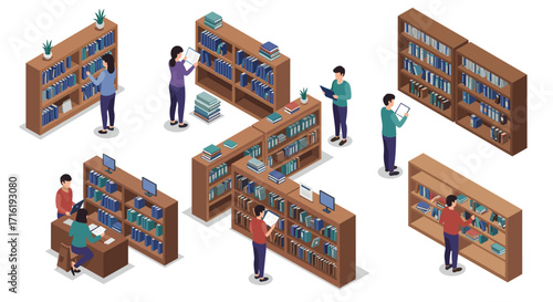 Isometric library scene with people reading and writing near bookshelves