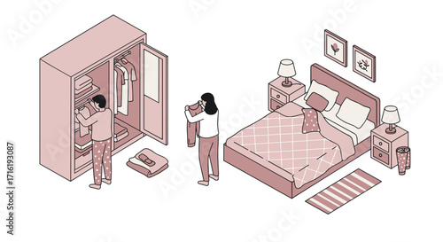 Cozy isometric bedroom scene with people organizing closet and bedside